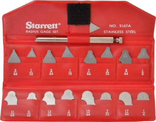 Starrett - 17 Piece, 1/64 to 17/64 Inch Radius, Stainless Steel Radius Gage Set - Satin Chrome Coated - Industrial Tool & Supply
