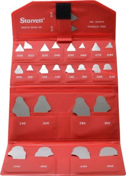 Starrett - 26 Piece, 0.01 to 0.1 Inch Radius, Stainless Steel Radius Gage Set - Satin Chrome Coated - Industrial Tool & Supply