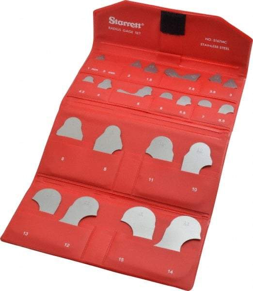 Starrett - 21 Piece, 1 to 15 mm Radius, Stainless Steel Radius Gage Set - Satin Chrome Coated - Industrial Tool & Supply