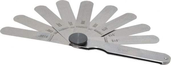 Starrett - 9 Piece, 0.0015 to 0.015" Thick, Parallel Feeler Gage Set - 3-1/32" Leaf Length, 1/2" Wide, Tempered Steel - Industrial Tool & Supply