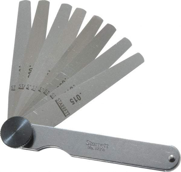 Starrett - 9 Piece, 0.0015 to 0.015" Thick, Tapered Feeler Gage Set - 3-1/32" Leaf Length, 1/4 to 1/2" (Tapered) Wide, Tempered Steel - Industrial Tool & Supply