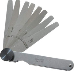 Starrett - 9 Piece, 0.0015 to 0.015" Thick, Tapered Feeler Gage Set - 3-1/32" Leaf Length, 1/4 to 1/2" (Tapered) Wide, Tempered Steel - Industrial Tool & Supply