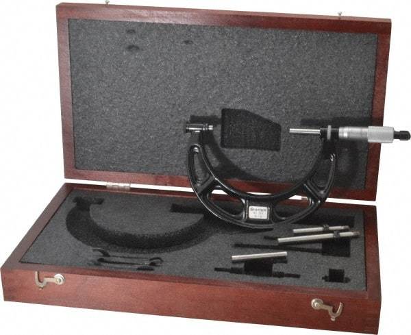 Starrett - 0 to 4" Range, 3 Piece Mechanical Outside Micrometer Set - 0.001" Graduation, Ratchet Stop Thimble, Steel Face - Industrial Tool & Supply