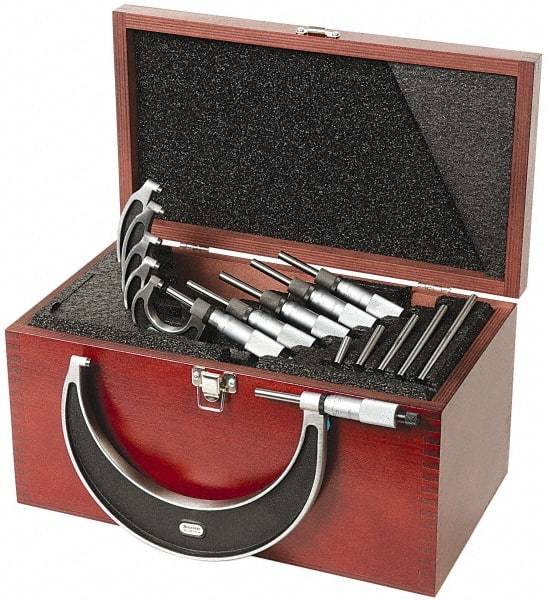 Starrett - 0 to 6" Range, 6 Piece Mechanical Outside Micrometer Set - 0.0001" Graduation, Ratchet Stop Thimble, Carbide Tipped Face - Industrial Tool & Supply