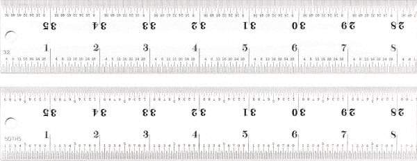 Starrett - 36" Long, 1/100, 1/64, 1/50, 1/32" Graduation, Rigid Spring Steel Rule - 16R Graduation Style, 1-1/2" Wide, Silver, Satin Chrome Finish - Industrial Tool & Supply