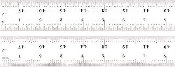 Starrett - 48" Long, 1/100, 1/64, 1/50, 1/32" Graduation, Rigid Spring Steel Rule - 16R Graduation Style, 1-1/2" Wide, Silver, Satin Chrome Finish - Industrial Tool & Supply