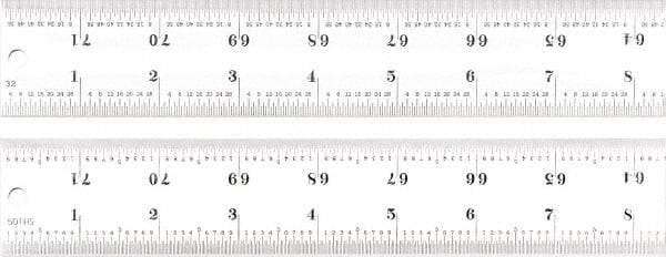 Starrett - 72" Long, 1/100, 1/64, 1/50, 1/32" Graduation, Rigid Spring Steel Rule - 16R Graduation Style, 1-1/2" Wide, Silver, Satin Chrome Finish - Industrial Tool & Supply