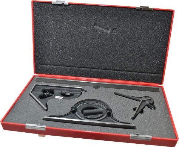 Starrett - 4 Piece, 12" Combination Square Set - 1/100, 1/32, 1/50 & 1/64" (16R) Graduation, Steel Blade, Cast Iron Center, Protractor & Square Head - Industrial Tool & Supply
