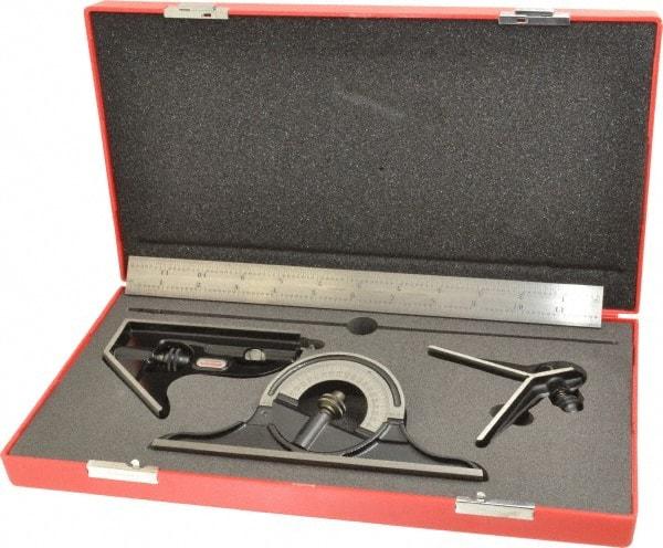 Starrett - 4 Piece, 12" Combination Square Set - 1/16, 1/32, 1/64 & 1/8" (4R) Graduation, Steel Blade, Forged Steel Center, Protractor & Square Head - Industrial Tool & Supply
