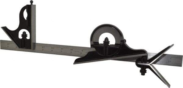 Starrett - 4 Piece, 18" Combination Square Set - 1/16, 1/32, 1/64 & 1/8" (4R) Graduation, Steel Blade, Forged Steel Center, Protractor & Square Head - Industrial Tool & Supply