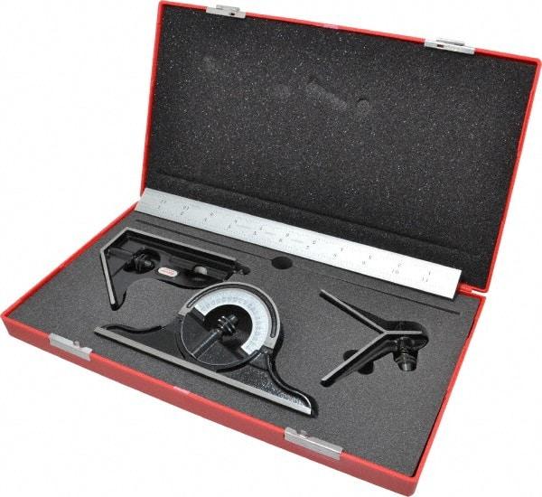 Starrett - 4 Piece, 12" Combination Square Set - 1/100, 1/32, 1/50 & 1/64" (16R) Graduation, Steel Blade, Forged Steel Center, Protractor & Square Head - Industrial Tool & Supply