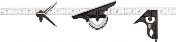 Starrett - 4 Piece, 24" Combination Square Set - 1/100, 1/32, 1/50 & 1/64" (16R) Graduation, Hardened Steel Blade, Cast Iron & Forged Steel Center, Protractor & Square Head - Industrial Tool & Supply