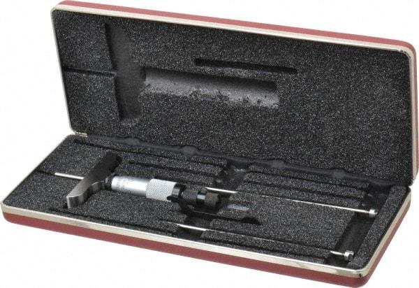 Starrett - 0 to 3" Range, 3 Rod, Mechanical Depth Micrometer - Ratchet Stop Thimble, 2-1/2" Base Length, 0.01mm Graduation, 1/8" Rod Diam - Industrial Tool & Supply