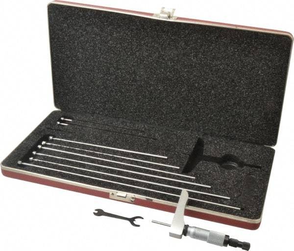 Starrett - 0 to 9" Range, 9 Rod, Satin Chrome Finish Mechanical Depth Micrometer - Ratchet Stop Thimble, 2" Base Length, 0.01mm Graduation, 5/32" Rod Diam - Industrial Tool & Supply