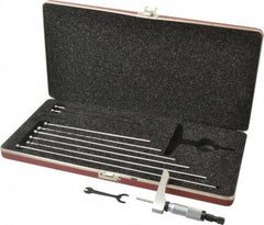 Starrett - 0 to 9" Range, 9 Rod, Satin Chrome Finish Mechanical Depth Micrometer - Ratchet Stop Thimble, 2" Base Length, 0.01mm Graduation, 5/32" Rod Diam - Industrial Tool & Supply