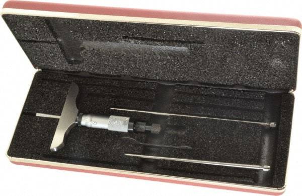 Starrett - 0 to 3" Range, 3 Rod, Satin Chrome Finish Mechanical Depth Micrometer - Ratchet Stop Thimble, 3" Base Length, 0.01mm Graduation, 5/32" Rod Diam - Industrial Tool & Supply
