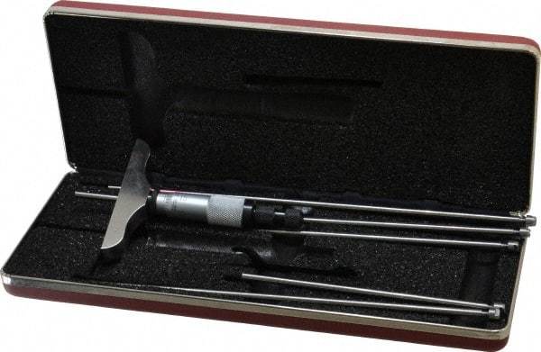 Starrett - 0 to 6" Range, 6 Rod, Satin Chrome Finish Mechanical Depth Micrometer - Ratchet Stop Thimble, 3" Base Length, 0.01mm Graduation, 5/32" Rod Diam - Industrial Tool & Supply