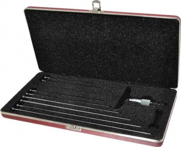 Starrett - 0 to 9" Range, 9 Rod, Satin Chrome Finish Mechanical Depth Micrometer - Ratchet Stop Thimble, 4" Base Length, 0.01mm Graduation, 5/32" Rod Diam - Industrial Tool & Supply