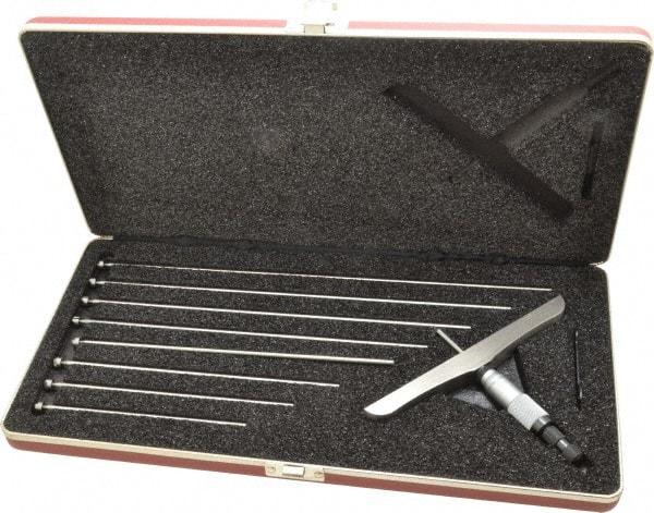 Starrett - 0 to 9" Range, 9 Rod, Satin Chrome Finish Mechanical Depth Micrometer - Ratchet Stop Thimble, 6" Base Length, 0.01mm Graduation, 5/32" Rod Diam - Industrial Tool & Supply