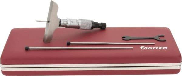Starrett - 0 to 3" Range, 3 Rod, Mechanical Depth Micrometer - Ratchet Stop Thimble, 2-1/2" Base Length, 0.01mm Graduation, 1/8" Rod Diam - Industrial Tool & Supply