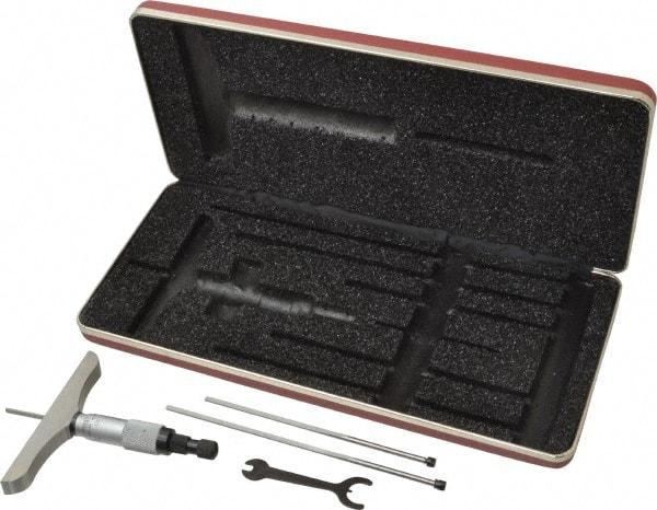 Starrett - 0 to 3" Range, 3 Rod, Mechanical Depth Micrometer - Ratchet Stop Thimble, 4" Base Length, 0.01mm Graduation, 1/8" Rod Diam - Industrial Tool & Supply