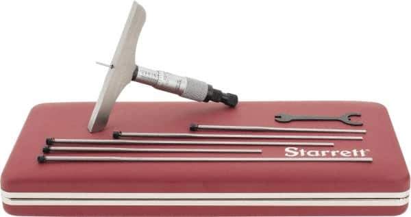 Starrett - 0 to 6" Range, 6 Rod, Mechanical Depth Micrometer - Ratchet Stop Thimble, 4" Base Length, 0.01mm Graduation, 1/8" Rod Diam - Industrial Tool & Supply