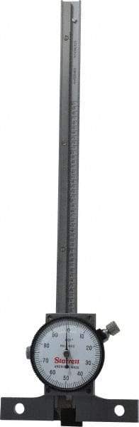 Starrett - 0 to 6 Inch Range, Stainless Steel, White Dial Depth Gage - 0.001 Inch Graduation, 0.001 Inch Accuracy, 2-3/4 Inch Base Measuring Length - Industrial Tool & Supply