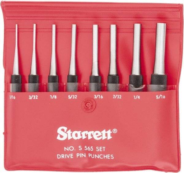 Starrett - 8 Piece, 1/16 to 5/16", Pin Punch Set - Round Shank, Comes in Vinyl Pouch - Industrial Tool & Supply