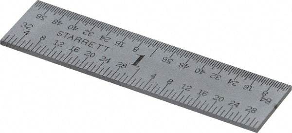 Starrett - 2" Long, 1/64, 1/32, 1/16, 1/8" Graduation, Rigid Spring Steel Rule - 4R Graduation Style, 1/2" Wide, Silver, Satin Chrome Finish - Industrial Tool & Supply