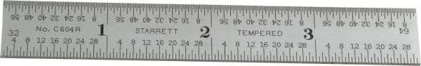 Starrett - 4" Long, 1/64, 1/32, 1/16, 1/8" Graduation, Rigid Spring Steel Rule - 4R Graduation Style, 5/8" Wide, Silver, Satin Chrome Finish - Industrial Tool & Supply