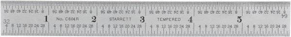 Starrett - 6" Long, 1/64, 1/32, 1/16, 1/8" Graduation, Rigid Spring Steel Rule - 4R Graduation Style, 3/4" Wide, Silver, Satin Chrome Finish - Industrial Tool & Supply
