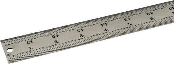 Starrett - 48" Long, 1/64, 1/32, 1/16, 1/8" Graduation, Rigid Spring Steel Rule - 4R Graduation Style, 1-1/4" Wide, Silver, Satin Chrome Finish - Industrial Tool & Supply