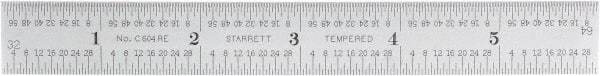 Starrett - 6" Long, 1/64, 1/32, 1/16, 1/8" Graduation, Rigid Spring Steel Rule - 4R Graduation Style, 3/4" Wide, Silver, Satin Chrome Finish - Industrial Tool & Supply