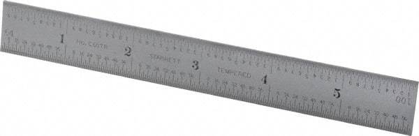 Starrett - 6" Long, 1/100, 1/64, 1/32, 1/16" Graduation, Rigid Spring Steel Rule - 7R Graduation Style, 3/4" Wide, Silver, Satin Chrome Finish - Industrial Tool & Supply