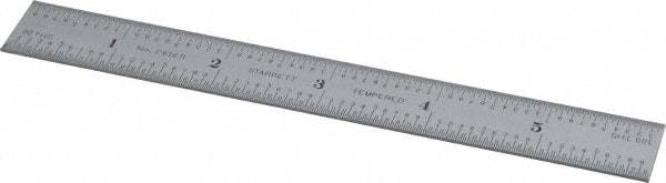 Starrett - 6" Long, 1/100, 1/64, 1/50, 1/32" Graduation, Rigid Spring Steel Rule - 16R Graduation Style, 3/4" Wide, Silver, Satin Chrome Finish - Industrial Tool & Supply