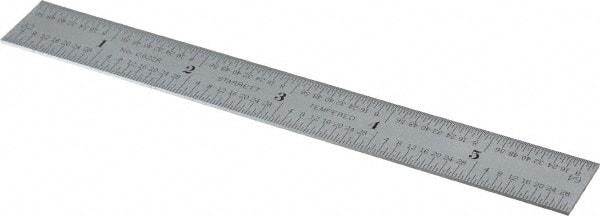 Starrett - 6" Long, 1/64, 1/32" Decimal Equivalency Table Graduation, Flexible Spring Steel Rule - 10R Graduation Style, 3/4" Wide, Silver, Satin Chrome Finish - Industrial Tool & Supply