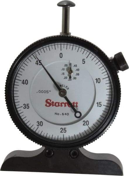 Starrett - 0 to 1/2 Inch Range, White Dial Depth Gage - 0.0005 Inch Graduation, 2-1/2 Inch Base Measuring Length - Industrial Tool & Supply