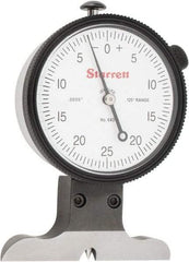 Starrett - 0 to 1/8 Inch Range, Ground Steel, White Dial Depth Gage - 0.0005 Inch Graduation, 0.001 Inch Accuracy, 2-1/2 Inch Base Measuring Length - Industrial Tool & Supply