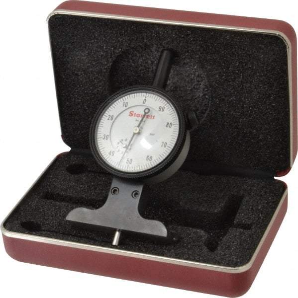 Starrett - 0 to 3 Inch Range, Ground Steel, White Dial Depth Gage - 0.001 Inch Graduation, 2-1/2 Inch Base Measuring Length - Industrial Tool & Supply