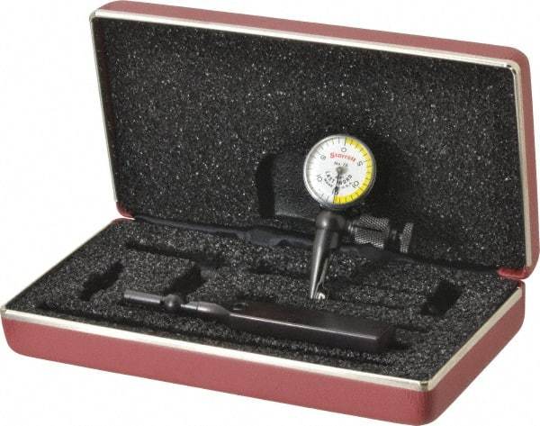 Starrett - 4 Piece, 0" to 0.03" Measuring Range, 15/16" Dial Diam, 0-15-0 Dial Reading, White & Yellow Dial Test Indicator Kit - 5/32" Contact Point Length, 3mm Ball Diam, 0.001" Dial Graduation - Industrial Tool & Supply