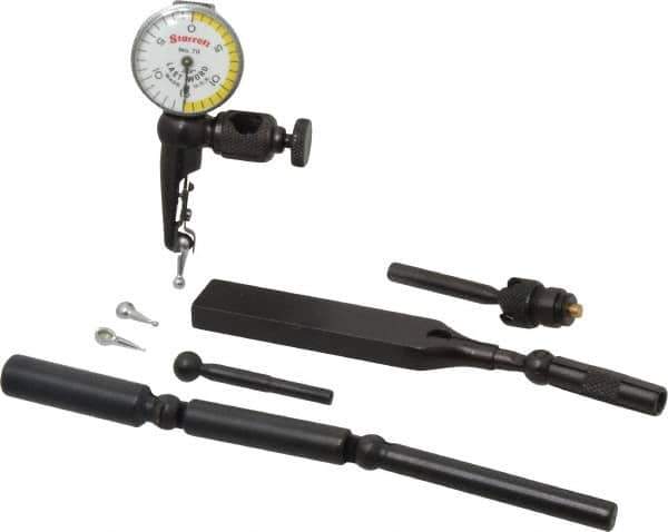 Starrett - 11 Piece, 0" to 0.03" Measuring Range, 15/16" Dial Diam, 0-15-0 Dial Reading, White & Yellow Dial Test Indicator Kit - 5/32" Contact Point Length, 0.9, 1.6 & 3mm Ball Diam, 0.001" Dial Graduation - Industrial Tool & Supply