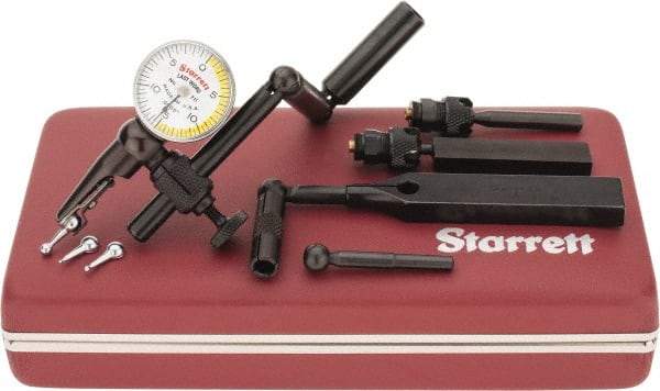 Starrett - 11 Piece, 0" to 0.03" Measuring Range, 15/16" Dial Diam, 0-15-0 Dial Reading, White & Yellow Dial Test Indicator Kit - 5/32" Contact Point Length, 0.9, 1.6 & 3mm Ball Diam, 0.0005" Dial Graduation - Industrial Tool & Supply