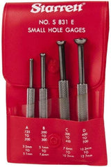 Starrett - 1/8 to 1/2 Inch Measurement, Small Hole Gage Set - 2-13/16, 3-1/8, 3-3/8 and 3-1/2 Inch Long, Half Ball, Includes Case - Industrial Tool & Supply
