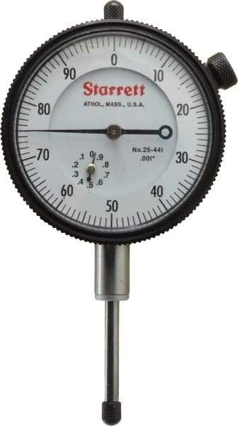 Starrett - 1" Range, 0-100 Dial Reading, 0.001" Graduation Dial Drop Indicator - 2-1/4" Dial, 0.1" Range per Revolution - Industrial Tool & Supply