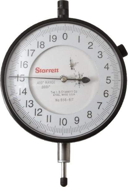 Starrett - 0.4" Range, 0-20 Dial Reading, 0.0001" Graduation Dial Drop Indicator - 3-5/8" Dial, 0.02" Range per Revolution - Industrial Tool & Supply