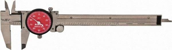 Starrett - 0" to 6" Range, 0.001" Graduation, 0.1" per Revolution, Dial Caliper - Red Face, 1-1/2" Jaw Length, Accurate to 0.0010" - Industrial Tool & Supply