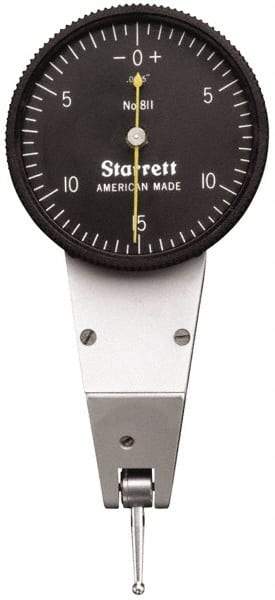 Starrett - 0.03 Inch Range, 0.0005 Inch Dial Graduation, Horizontal Dial Test Indicator - 1-3/8 Inch Black Dial, 0-15-0 Dial Reading - Industrial Tool & Supply