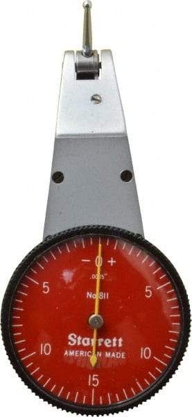 Starrett - 0.03 Inch Range, 0.0005 Inch Dial Graduation, Horizontal Dial Test Indicator - 1-3/8 Inch Red Dial, 0-15-0 Dial Reading - Industrial Tool & Supply