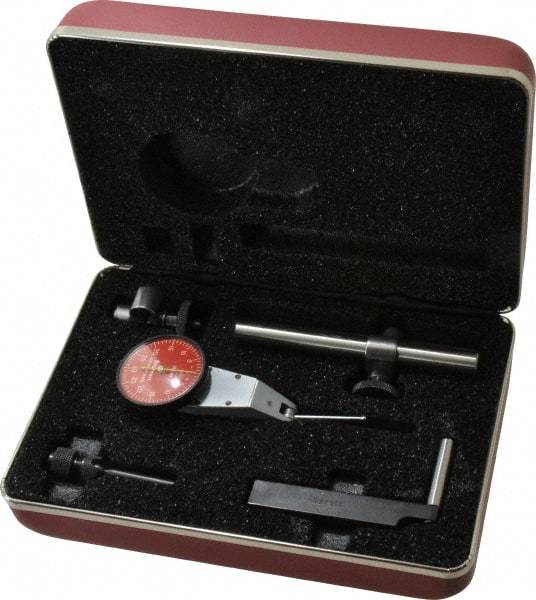 Starrett - 7 Piece, 0" to 0.06" Measuring Range, 1-3/8" Dial Diam, 0-30-0 Dial Reading, Red Dial Test Indicator Kit - 1-5/16" Contact Point Length, 2mm Ball Diam, 0.001" Dial Graduation - Industrial Tool & Supply