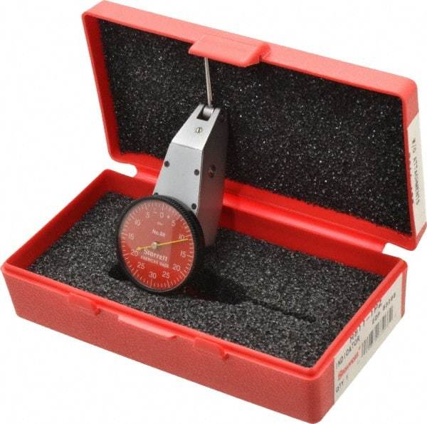 Starrett - 0.06 Inch Range, 0.001 Inch Dial Graduation, Horizontal Dial Test Indicator - 1-3/8 Inch Red Dial, 0-30-0 Dial Reading - Industrial Tool & Supply